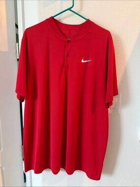 Nike Red Short-Sleeve Henley Polo with White Swoosh